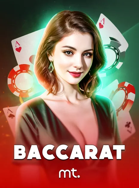 ภาพปกเกม Baccarat (ดีลเลอร์หญิงกับไพ่ในโทนแดง) ประกอบหัวข้อWild และ Scatter