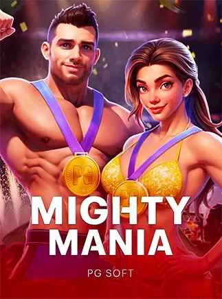 ภาพปกเกม Mighty Mania ค่าย PG (ชายหญิงร่างกำยำถือถ้วยรางวัล) ในตารางเกมแนะนำหน้าแรก